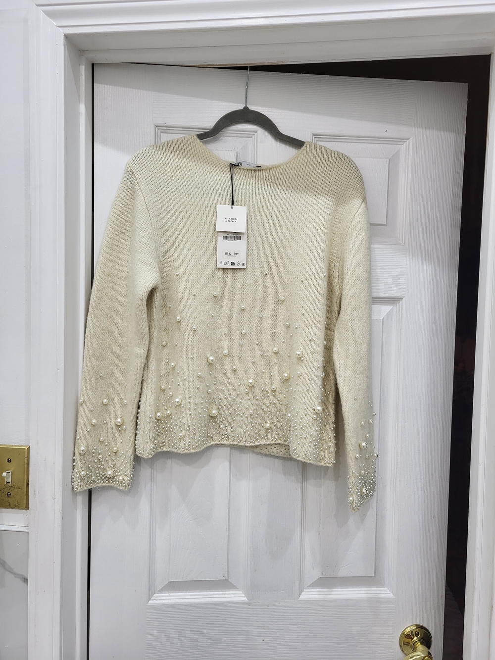 Zara Women’s Cream Pearl-Embellished Sweater